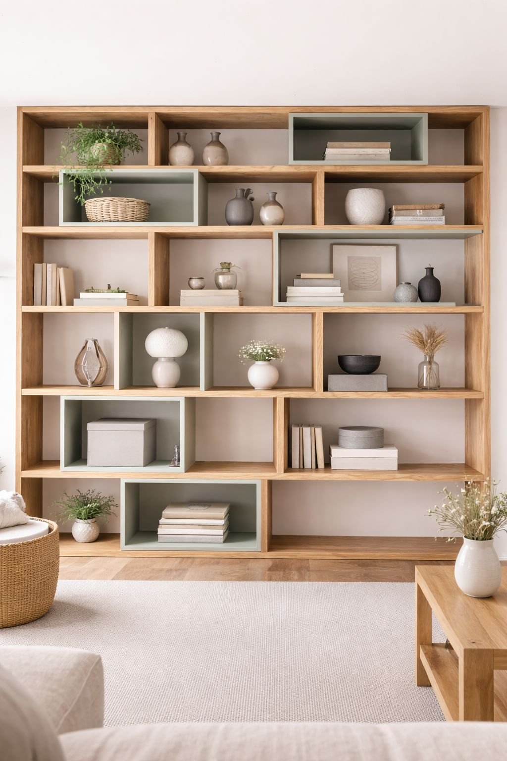 Lichte eiken modulaire boekenkast met saliegroene accenten