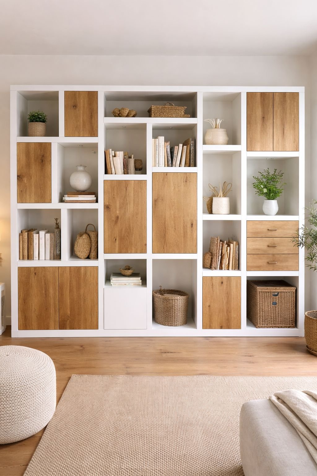 Witte rasterkast met eiken deuren en ladeblok