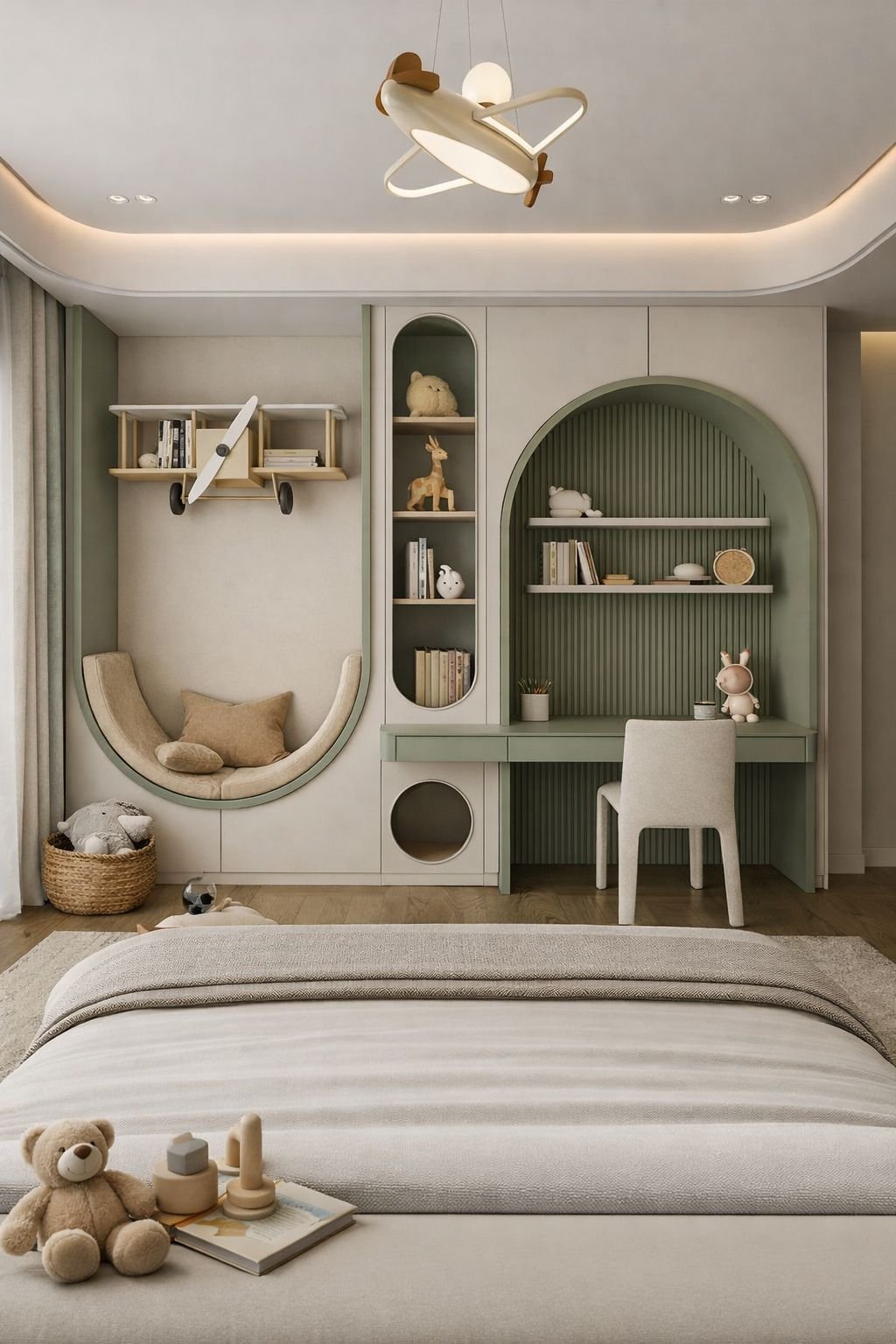 Salie & crème studiekamer met boogvorm