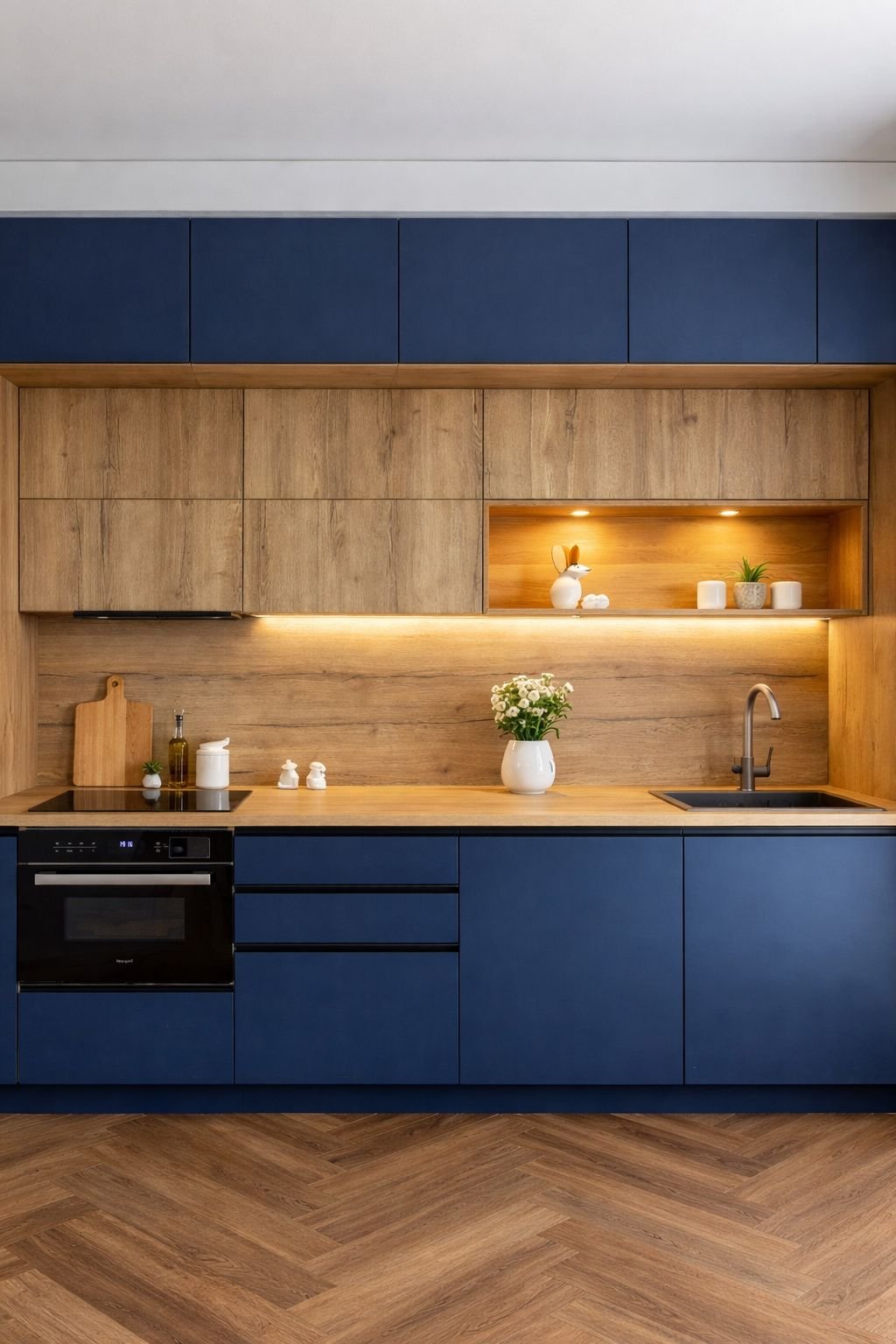 Tweekleurige marineblauwe en eiken keuken