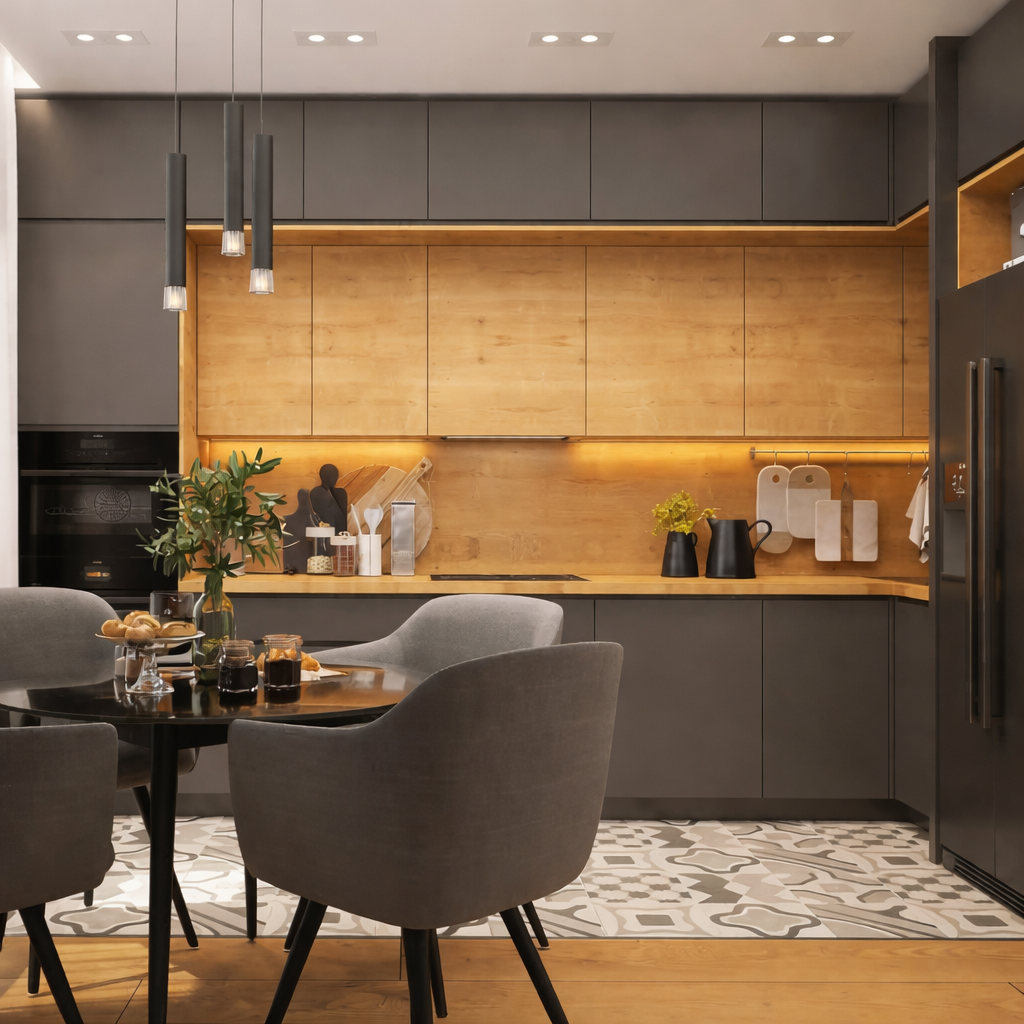 Warme houtkeuken met hoge wandkasten