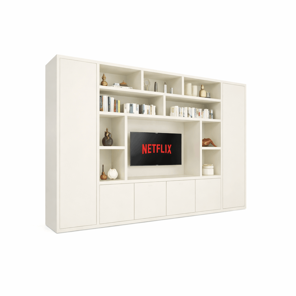 Crèmekleurige ingebouwde tv-wand met boekenkasten