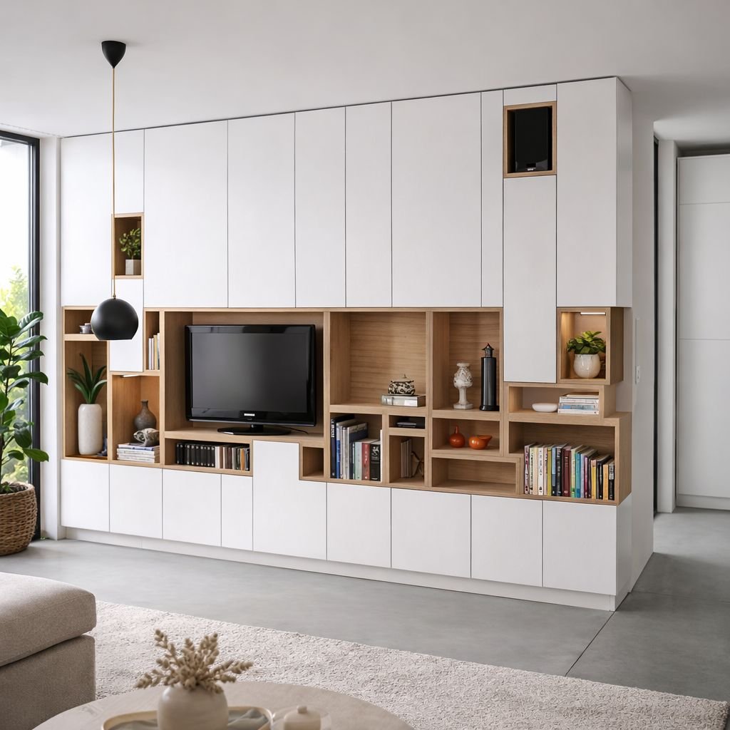 Wit & licht eiken asymmetrische tv-wand
