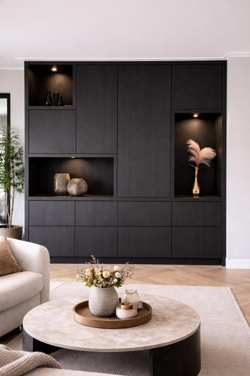 Houtskool wandmeubel met verlichte displaynissen