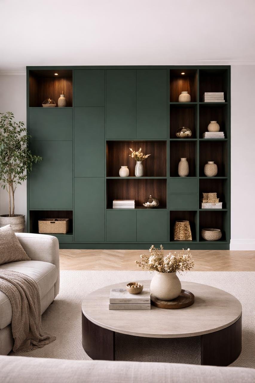 Bosgroene modulaire wand met houtgevoerde schappen